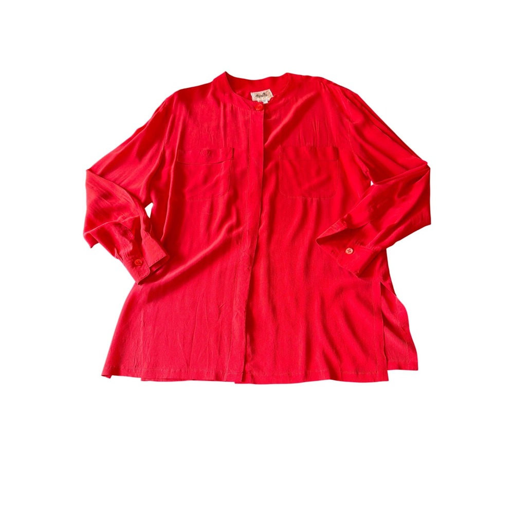 Morelle Blouse Red 100% Silk Mandarin Collar Button Front Long Sleeve Minimalist